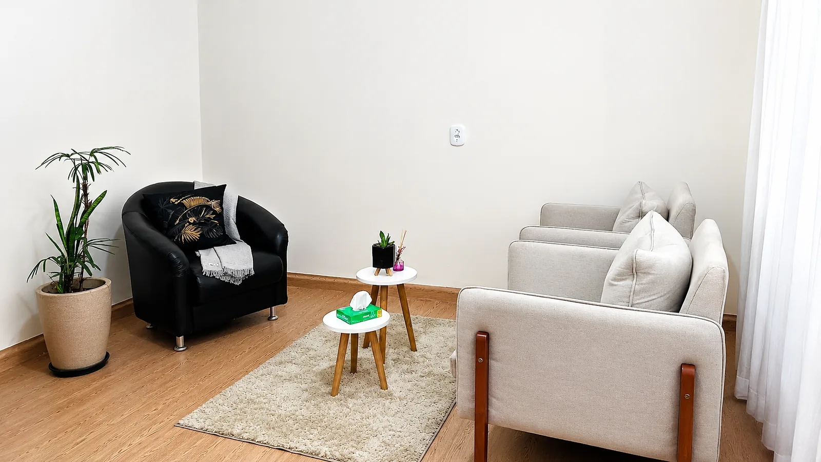 Sala de atendimento da Floresça, com poltronas claras, tapete e planta